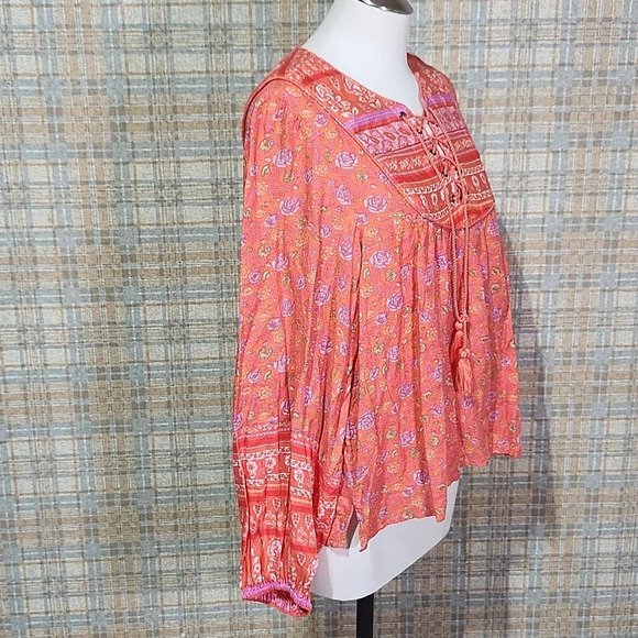 Lucky Brand Boho Peasant Top Orange Floral Embroidered Lace-Up Tassel Blouse - Picture 6 of 10
